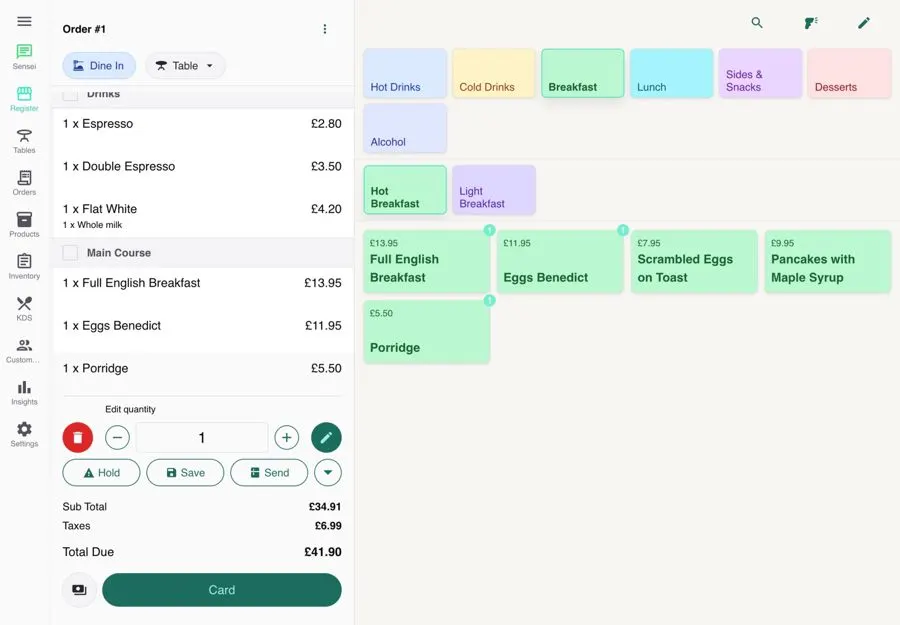 Yes!Sensei EPOS order screen for a café